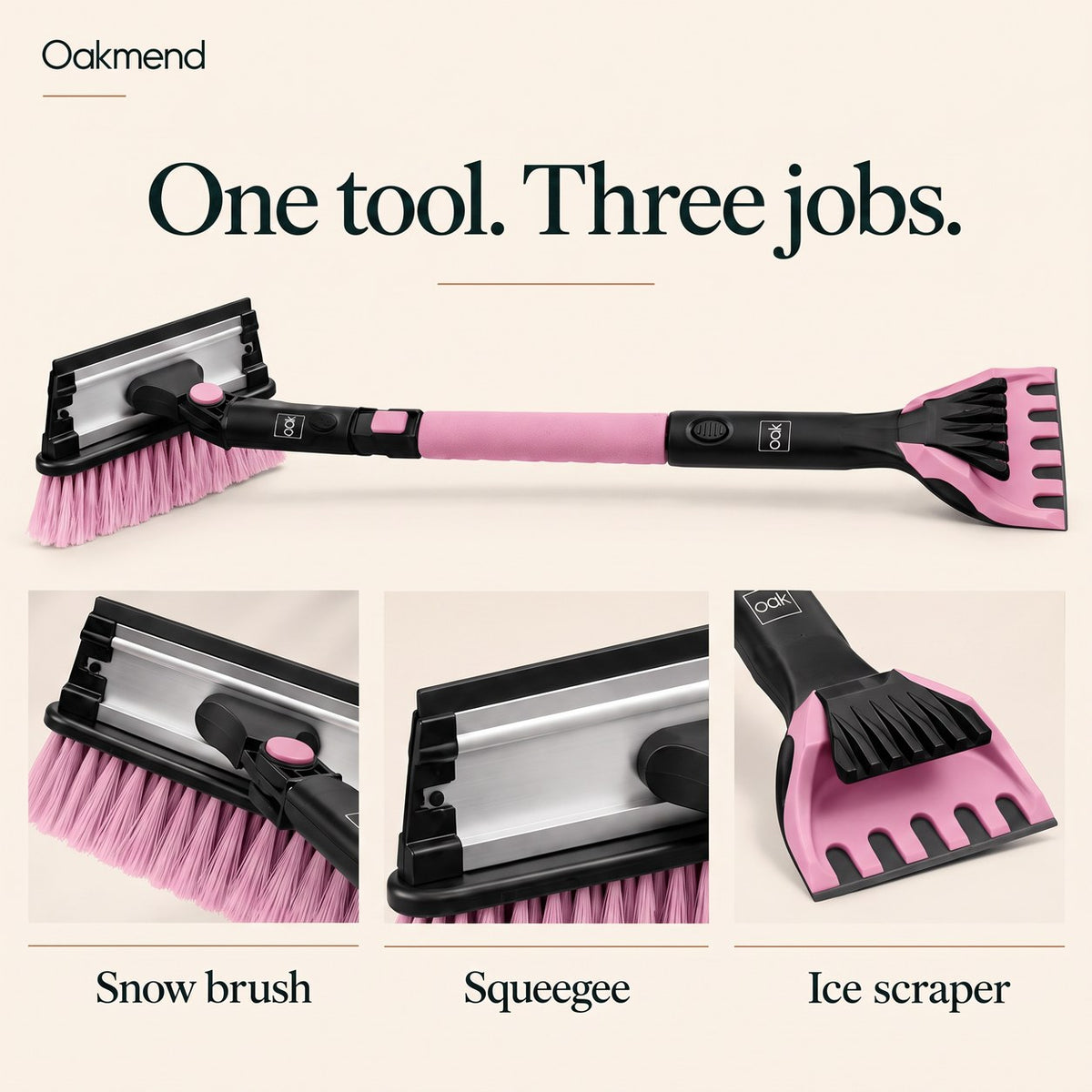 Pink snow brush: one tool, three jobs, snow brush, squeegee and ice scraper