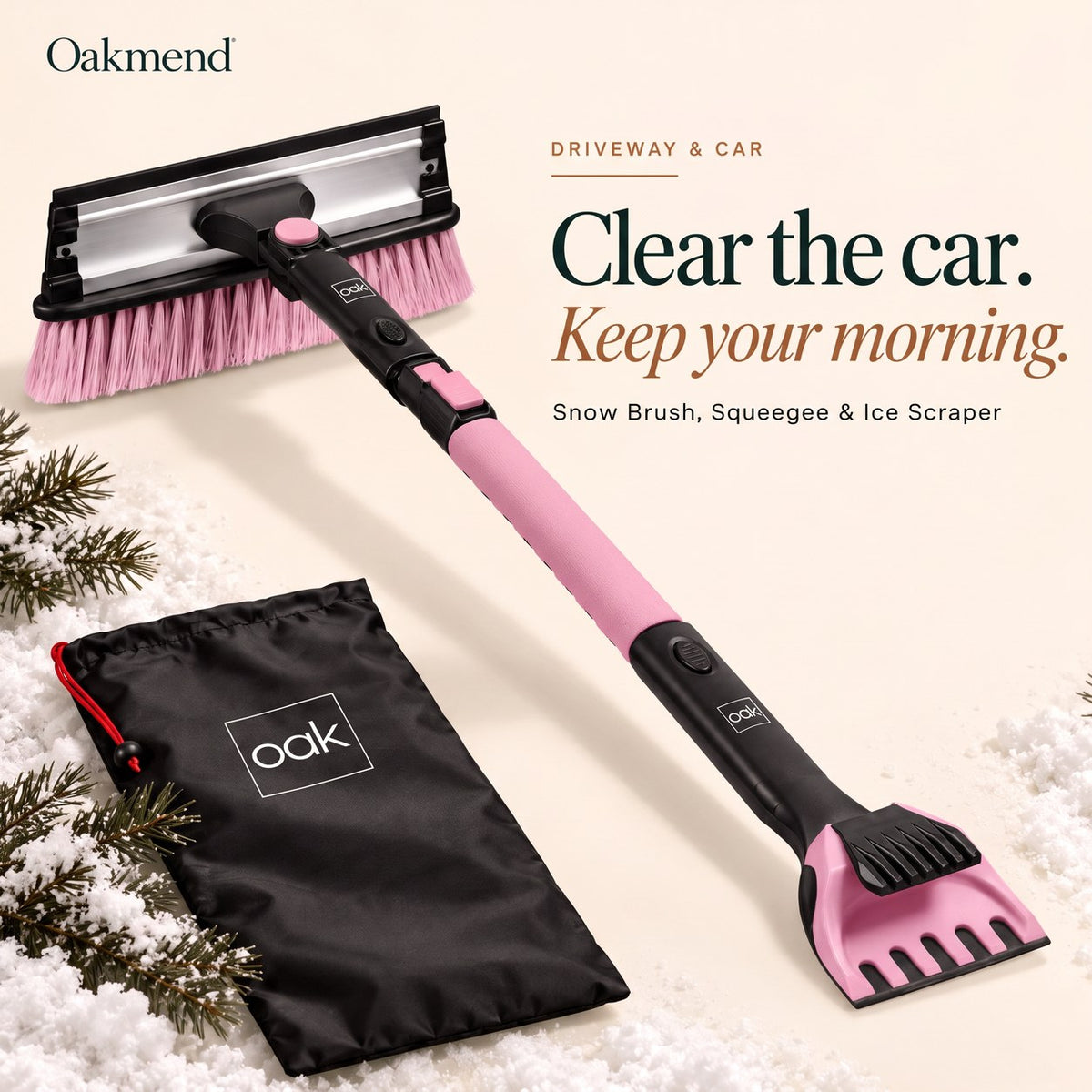 Oakmend 3-in-1 snow brush with squeegee and ice scraper in pink, with storage bag