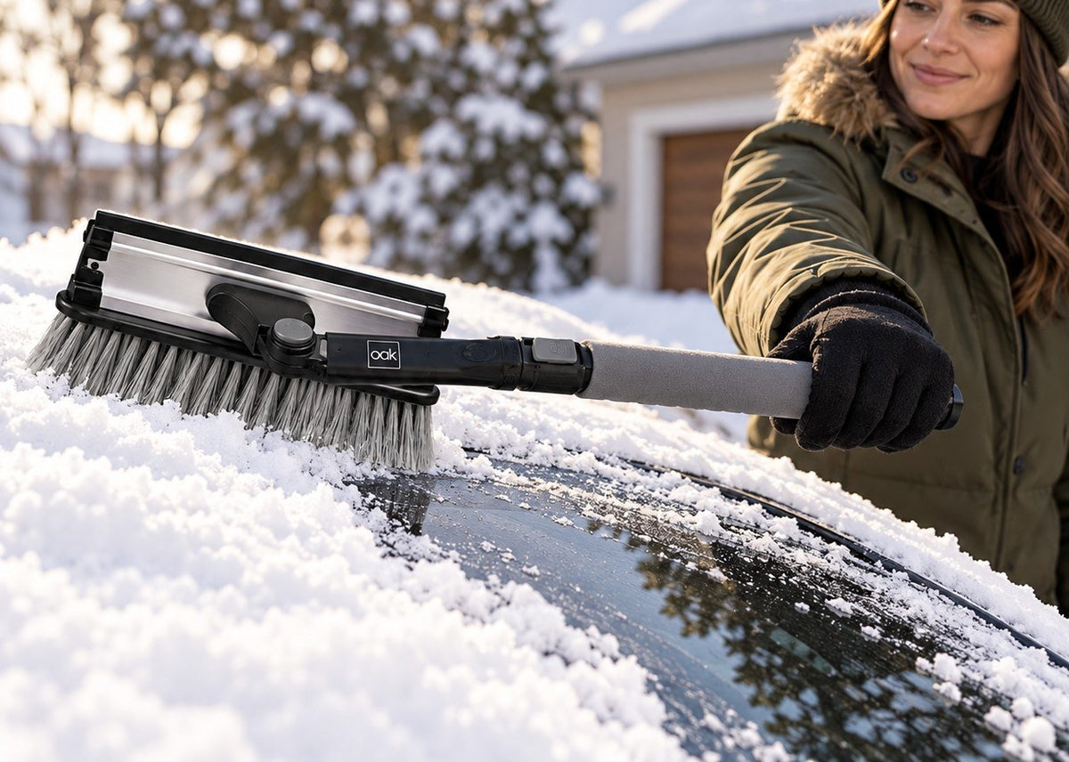 Woman clearing snow from a car roof with the extendable snow brush
