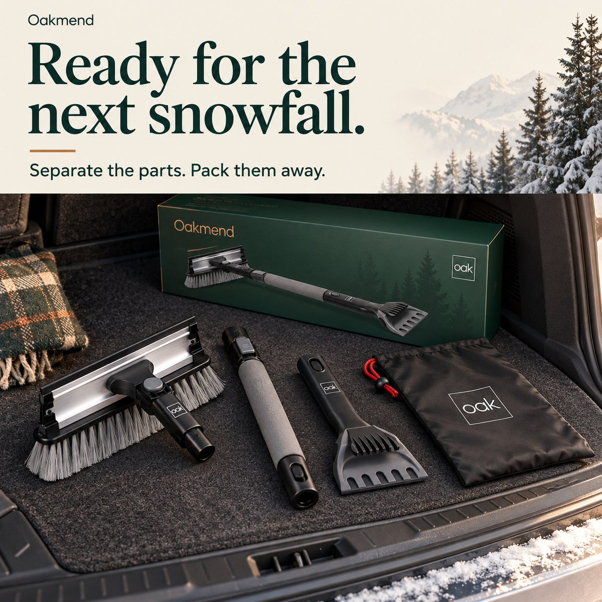 Snow brush taken apart with its storage bag in a car trunk