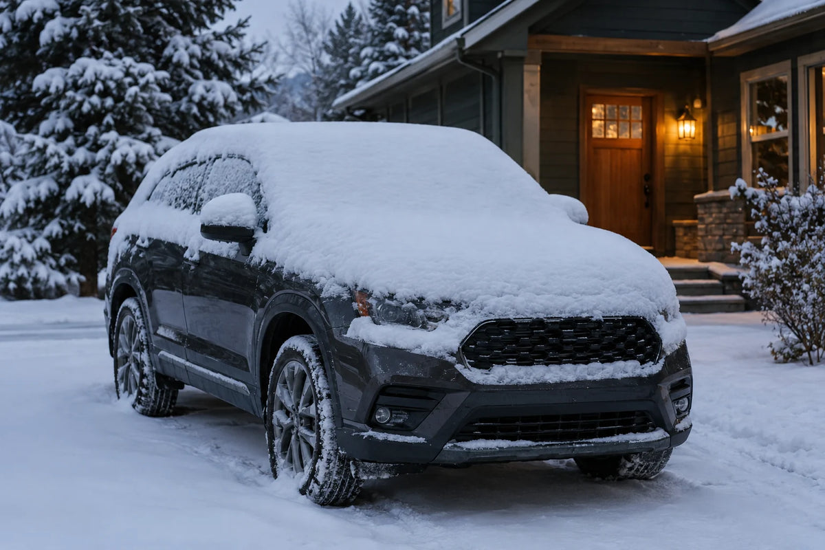 SUV covered in snow in a driveway