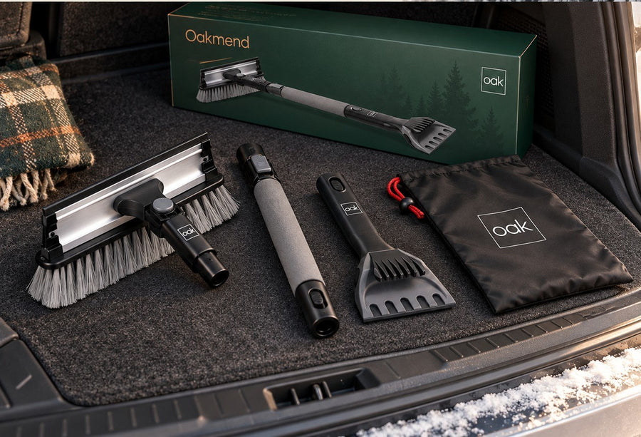Snow brush taken apart into three parts with storage bag in a car trunk