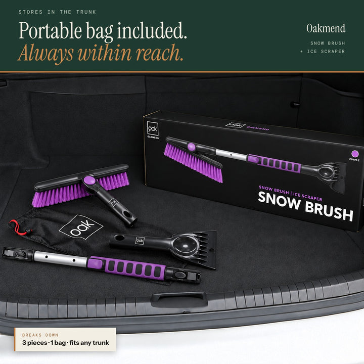 Oakmend snow brush broken into 3 pieces with storage bag and box in a car trunk