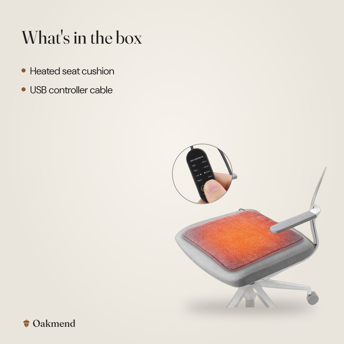 What's in the box: USB Heated Seat Cushion (4 Heat Levels)