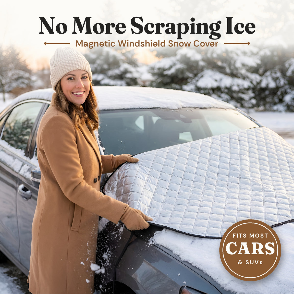 Smiling woman pulling the magnetic snow cover off a clear windshield on a snowy morning