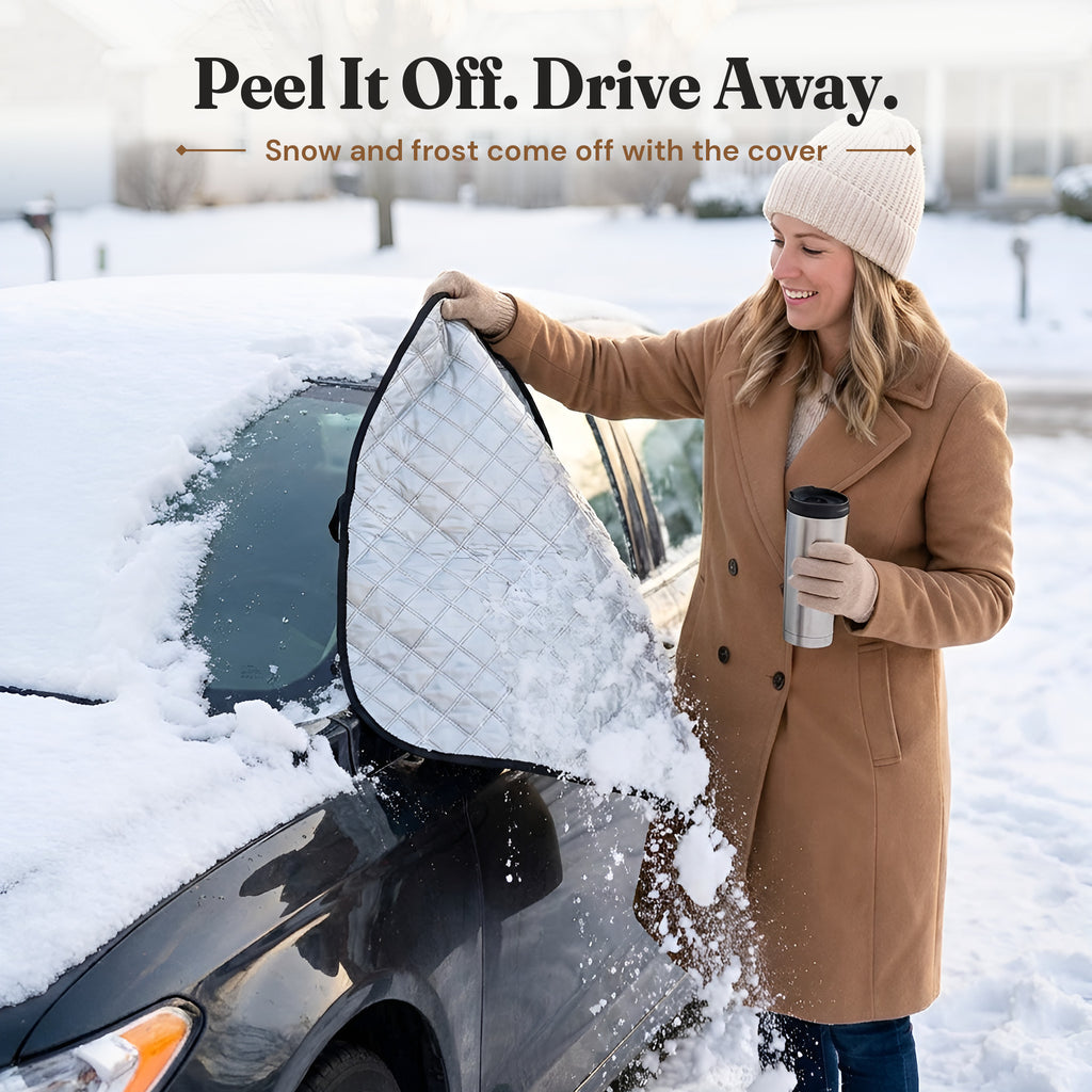 Woman peeling the snowy windshield cover off her car, snow and frost come off with it