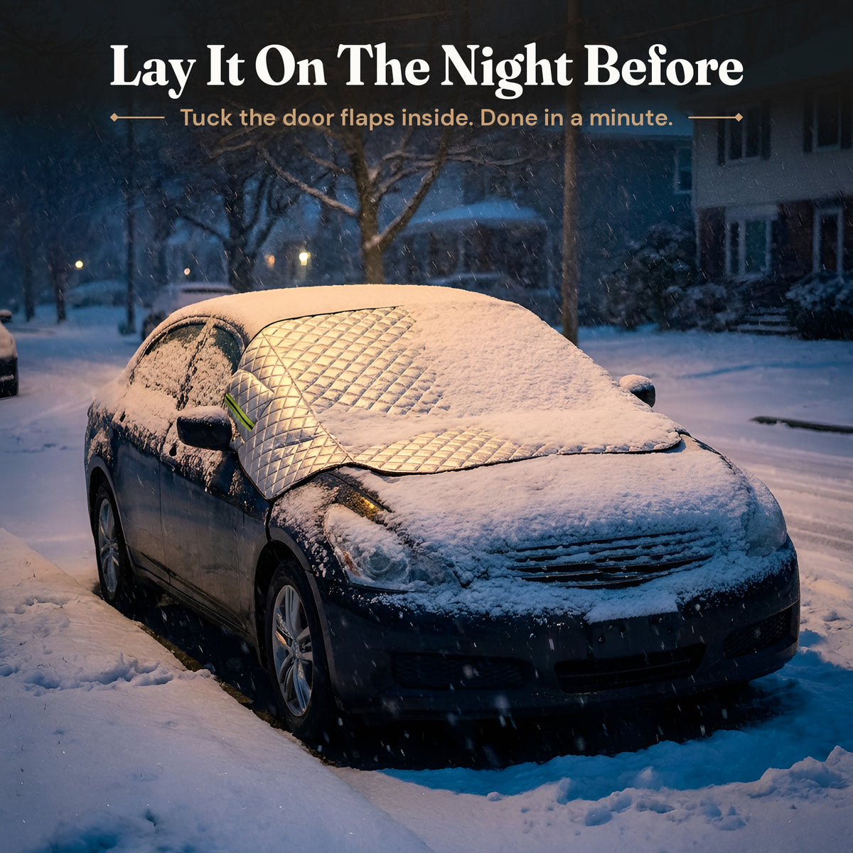 Car parked overnight in falling snow with the windshield cover on