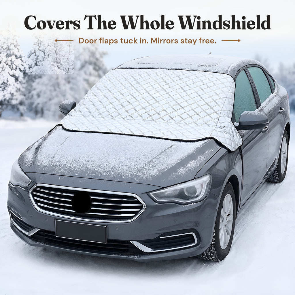 Silver quilted windshield cover fitted on a gray sedan, side mirrors uncovered