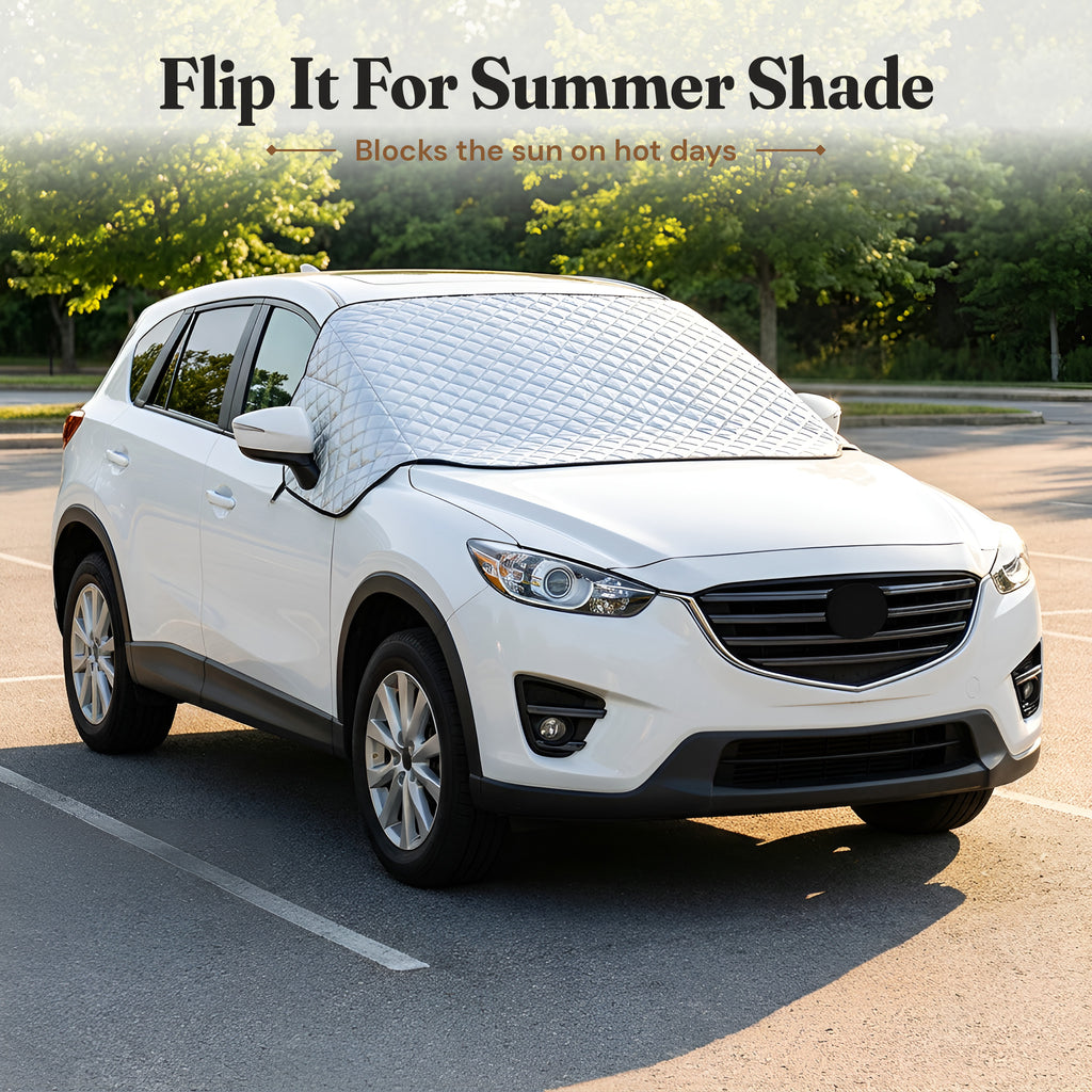 Windshield cover used as a summer sun shade on a white SUV