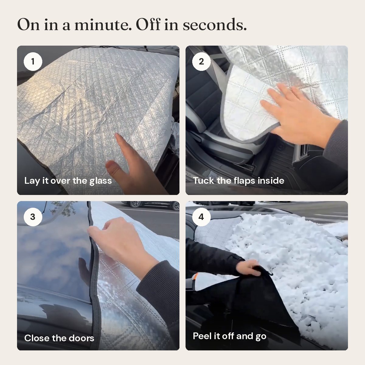 Four steps: lay it over the glass, tuck the flaps, close the doors, peel it off