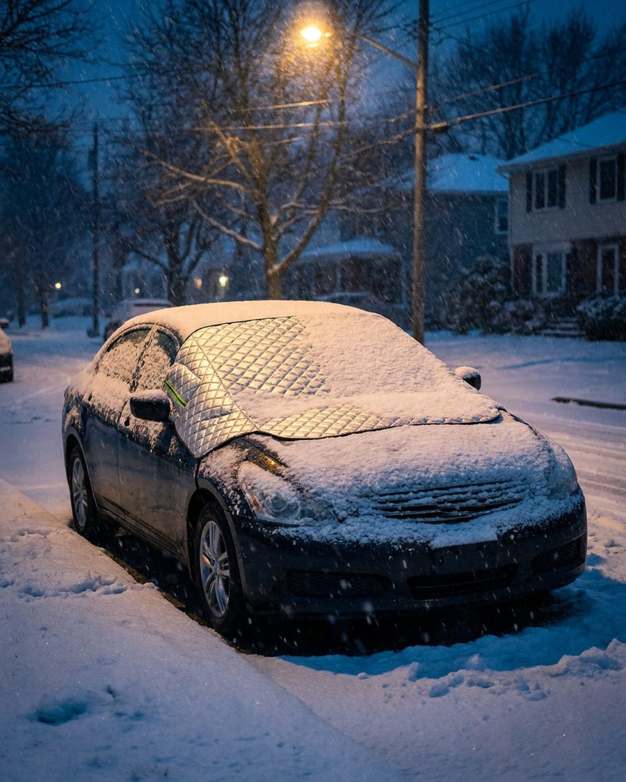 Car parked overnight in falling snow with the windshield cover on