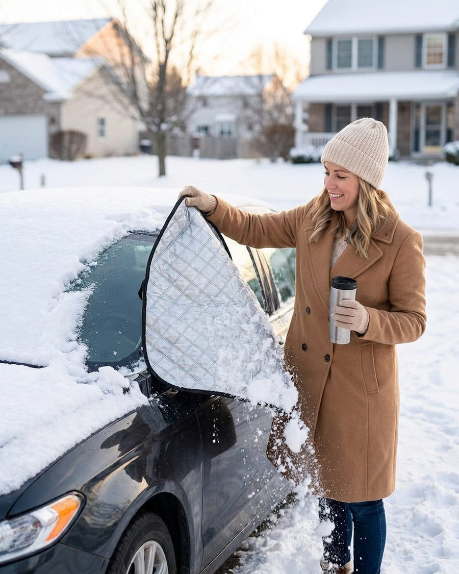 Woman pulling the snowy cover off her windshield
