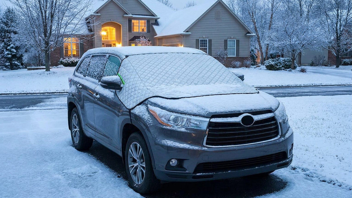 SUV in a snowy driveway with the windshield cover on