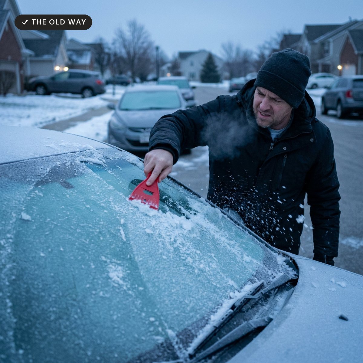 Driver scraping thick frost off a windshield on a cold morning